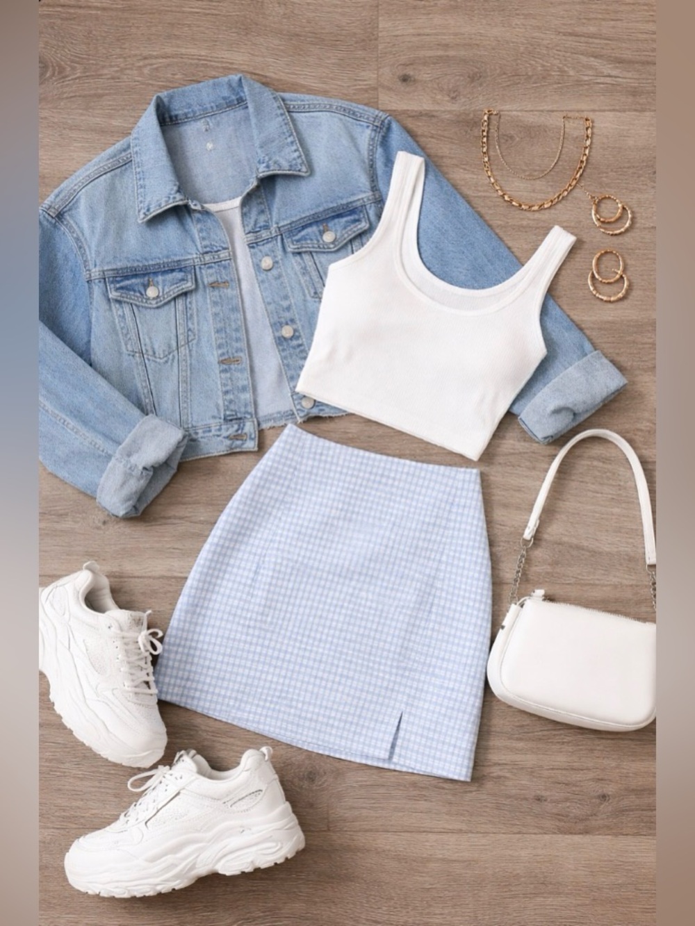 Brandy Melville Cara Mini Skirt in a light blue and white plaid/check pattern